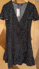 Relipop Polka Dot Wrap Dress Ruffle Hem Flutter Sleeve Black Sz L NWT Sexy Cute
