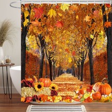 Fall Forest Shower Curtain, Autumn Yellow Pumpkin Red Maple Leaf Sunflower Th...