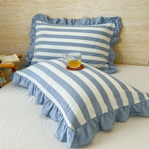Home Washed Cotton Pillowcase 48x74cm Bedding Stripe Pillow Cover Ruffled 1 Pair - Picture 22 of 38