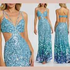 NWT Mac Duggal [ 8 ] 6077 Thin Strap Cut Out Evening Gown w/ Ombre Sequins S2039