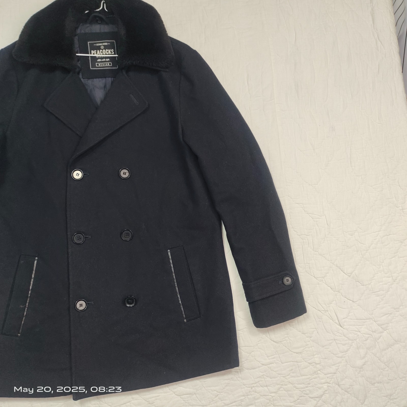 Peacocks Grey Men's Wool Blend Overcoat Jacket Faux Fur Collar Size Medium image 8