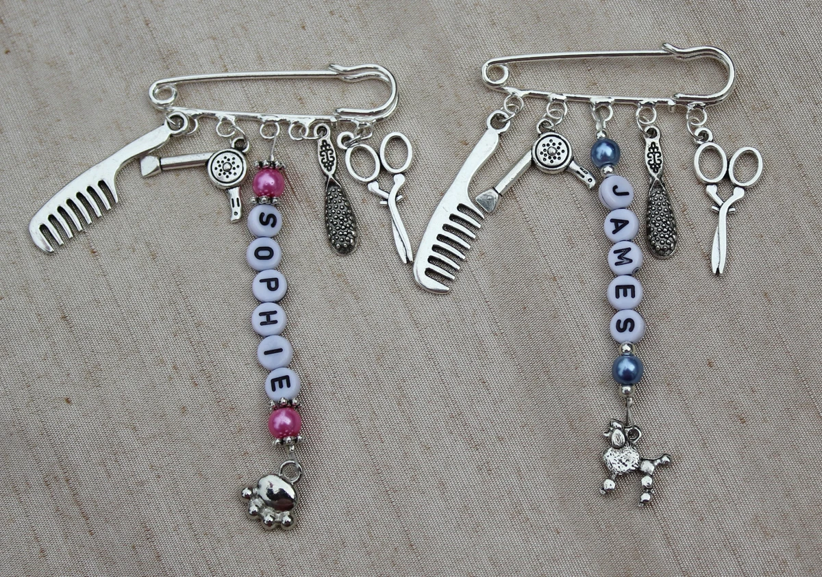 Personalised Dog Groomer Bag Key Charm Grooming Tunic Name Badge Brooch Gift