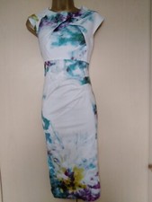 Karen Millen Cotton Floral Pleat Neck Pencil Dress Size uk 12