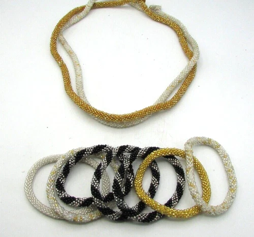 HSN NOGU STYLE YELLOW BLACK & WHITE BEADED NECKLACES & BRACELETS SET NWOT JB16 - product listing photo