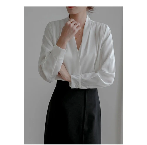Sommer Damen OL Shirts Langarmshirt Seide V-Ausschnitt französisches Design Blusen Oberteil - Bild 10 von 16