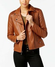 Guess Studded Faux-leather Moto Jacket, Cognac, Small