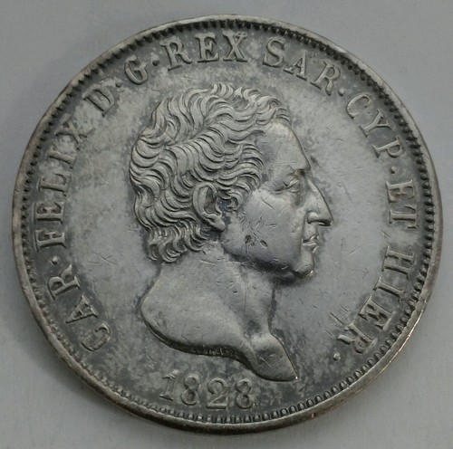 SCC Sardinia 5 Lire 1828 Anchor P. KM#116.2 .900 Silver Crown Dollar Thaler coin - Picture 11 of 12