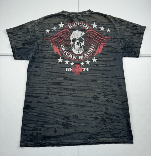 Vtg MMA Elite Shirt Black Gray Camo Short Sleeve Skull Wings Distressed Y2K M - Picture 8 of 9