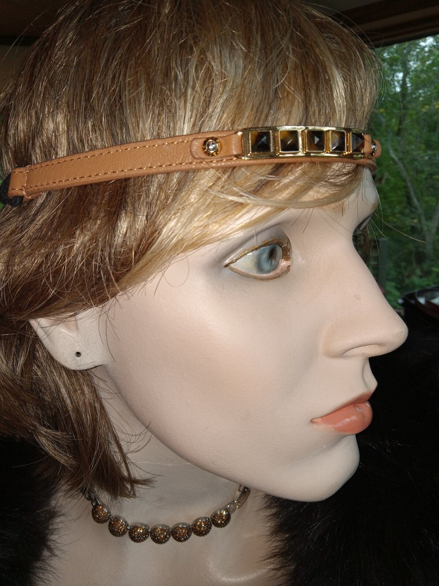 HENRI BEDEL GOLDTONE, BROWN CORD & RHINESTONE HEAD WRAP 7/16  display picture 3