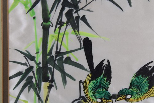 Vintage Chinese Finches on Bamboo Watercolor Painting On Silk Signed And Framed - Picture 7 of 13