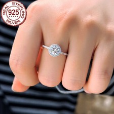 Solid 925 Sterling Silver Cubic Zircon Big Stone Round Cut Engagement Band Ring