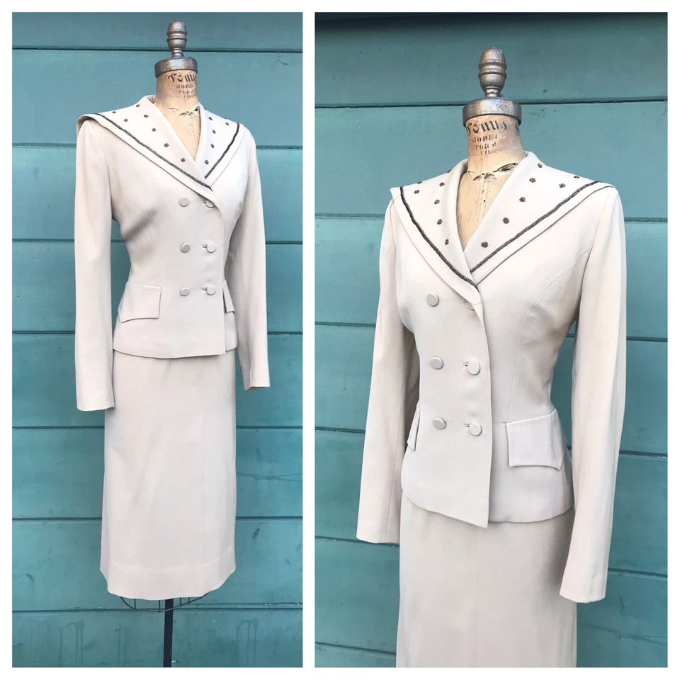 Traje de Vestido Falda Doble Pecho Beige Tostado Gabardina Cuentas Años 50 Vintage Años 50 S Foto 2 de 4