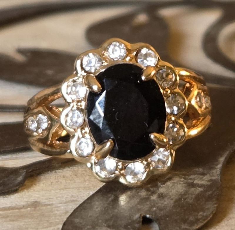 Rose Gold Plated Cocktail Ring Size 7 Oval Black Stone Halo Gemstone
