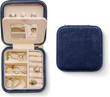 Plush Velvet Travel Jewelry Box Organizer Case with Mirror Navy Blue