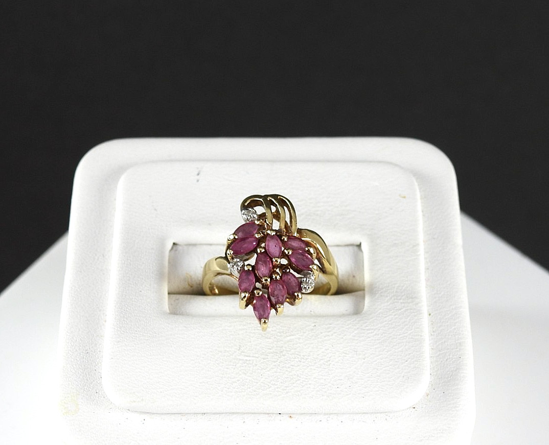 Vintage Solid 10K Gold Ruby Diamonds Emerlad Cut … - image 1