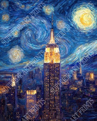 Empire State Building Starry Night Painting Print - 3 Sizes - Van Gogh Art Style