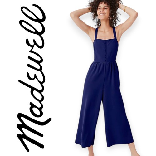 Madewell, Madewell S 2 Navy Blue Smocked Button-Front Cropped Wide-Leg Jumpsuit One Piece