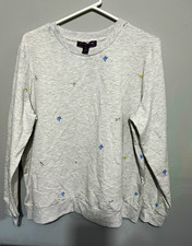 Gray Floral Crewneck Pullover Sweatshirt Lightweight Cotton Womens M