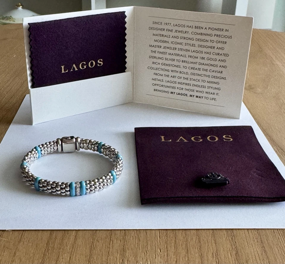 LAGOS Single Station Diamond Caviar Bracelet Turquoise Ceramic 9mm Size 7 - Image 3 of 4
