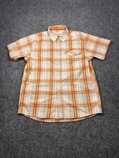 Simms Shirt Mens Medium Orange Plaid Short Sleeve Button Front Fishing Casual