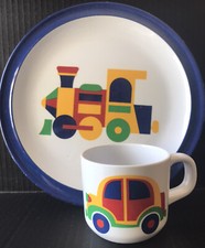 Vtg Children s plate and cup set CAR and TRAIN bright colors Made in Taiwan