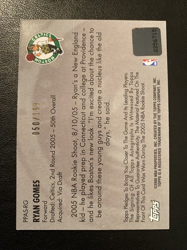 2005-06 Topps Picture Perfect Rookie GW Auto- Ryan Gomes #/199 Celtics RC - Imagen 3 de 4