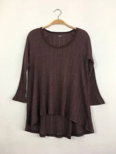 THREE DOTS 3/4 Sleeve Round Neck High Low Ribbed Pullover Tee Maroon Top $88 B5
