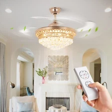 42" Crystal Chandelier Retractable Ceiling Fan 3 Color Change LED Light w/Remote