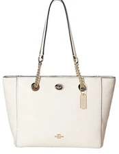 New Coach Turnlock Gold Chain tote 27 in Polished pebble leather chalk bag 57107
