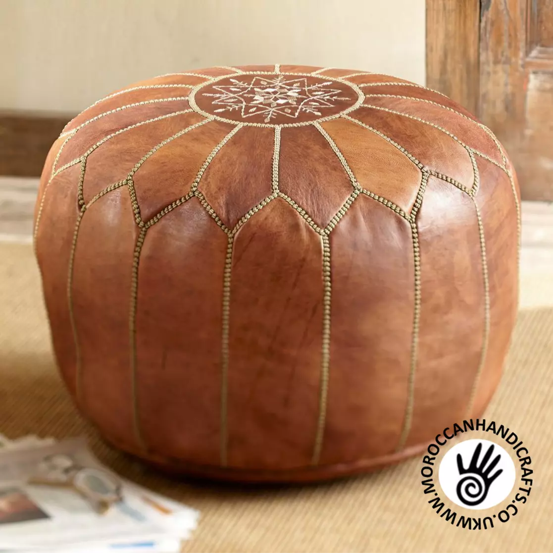 Handmade leather Moroccan pouffe unstuffed