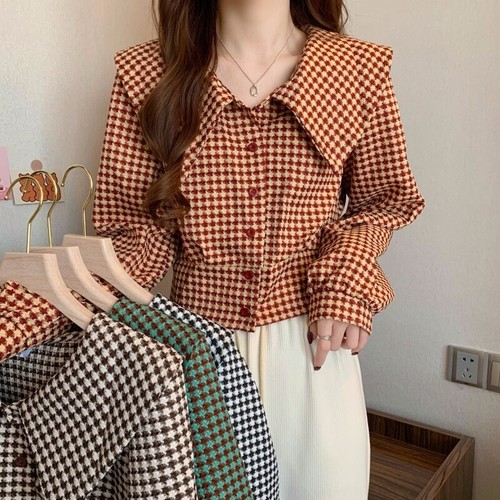 Lady Houndstooth Blouse Shirts Crop Tops Long Sleeve Button Casual Retro Fashion - Picture 2 of 16