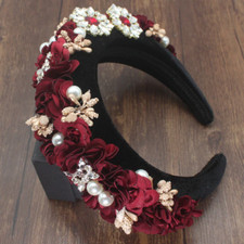 LUXURY HANDMADE BURGUNDY FLOWER PADDED HEADBAND PEARLS, RHINESTONES BEADS