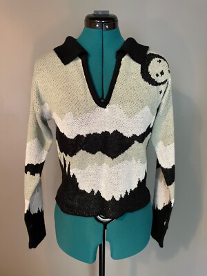 Unique Sweater V-Neck Collar Witchy Goth Moon Stars Trees Nature Landscape Green