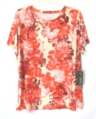 DG2 Diane Gilman Shirt Red Floral Large Pull On Short Sleeve 654867 Women CB58F