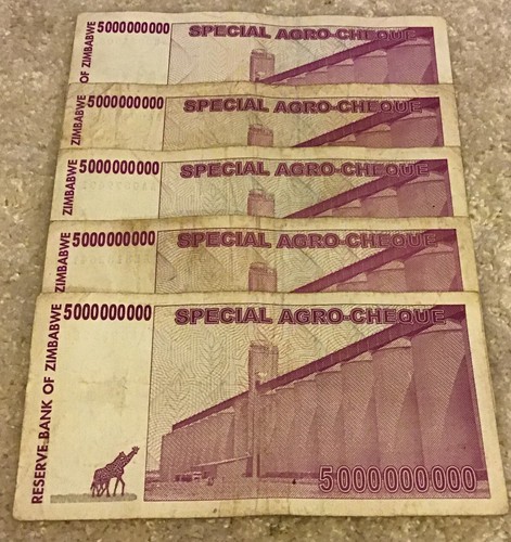 Lotto di 5 x banconote Zimbabwe. 5 miliardi di dollari. Datato 2008.  - Foto 3 di 3