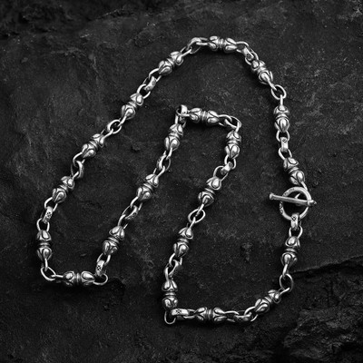 925 sterling silver heavy Biker punk retro Solid flower beads Large necklace N8