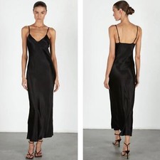 ENZA COSTA Satin Bias Slip Dress Womens XL Black Maxi V-neck Spaghetti Strap