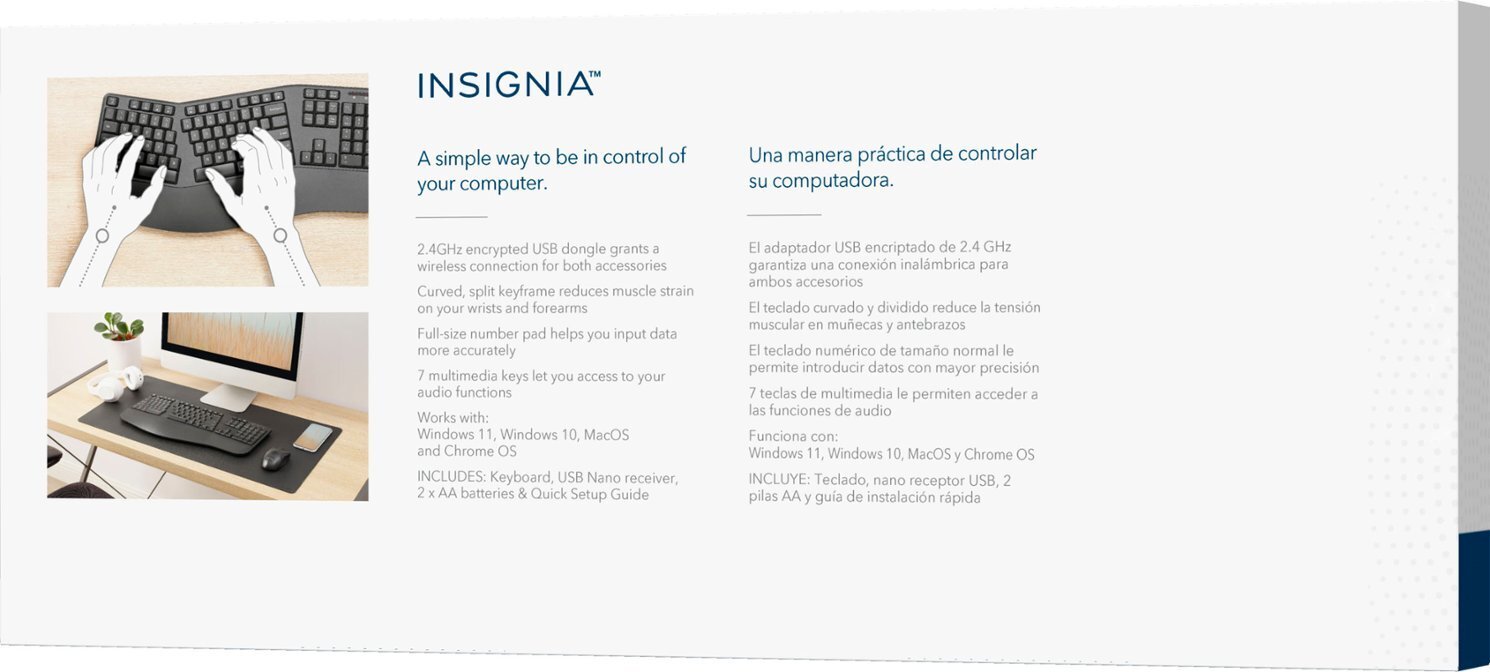 Insignia Full-Size Wireless Ergonomic Membrane Keyboard - Black