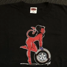 Vintage 90s Poster Pop by Coop Red Devil Girl T-Shirt Men's XL Black Tire Wheel