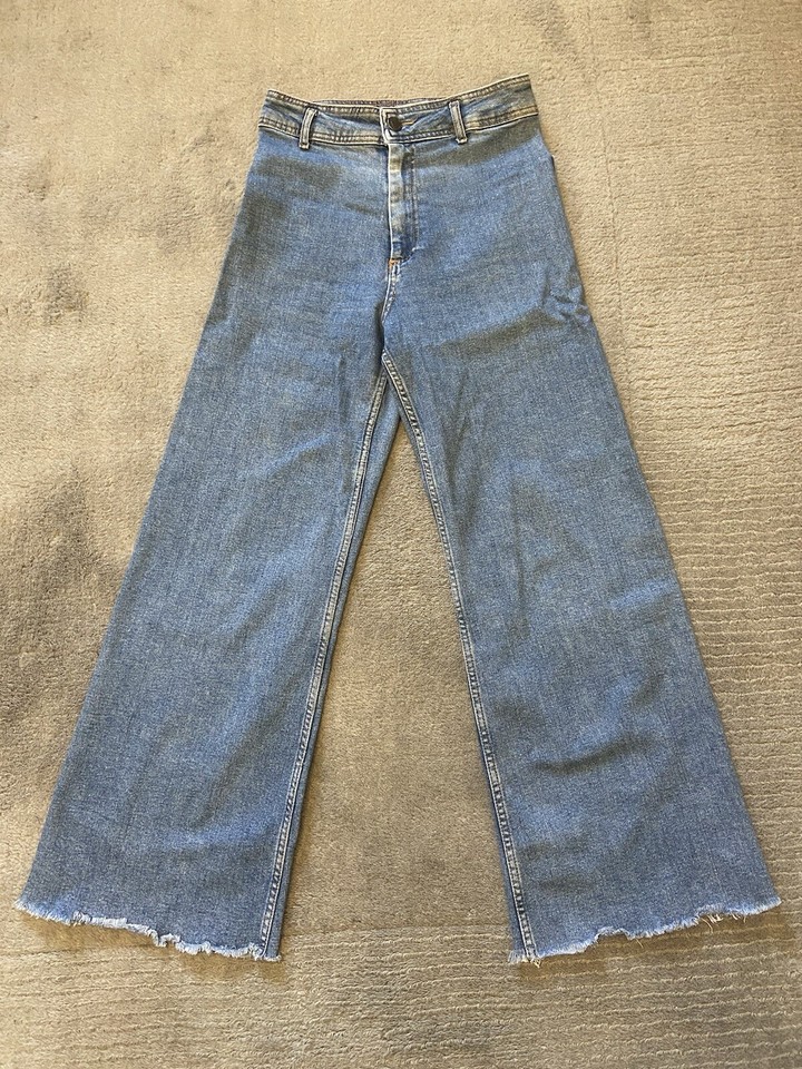 ZARA ‘The Marine Straight’ Wide Leg Blue Frayed Hem Jeans Size 38/UK 10