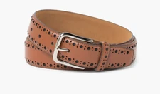 Cole Haan Belt Men's 32 Classic Tan 35mm Brogue Leather Adjustable Nickel Buckle