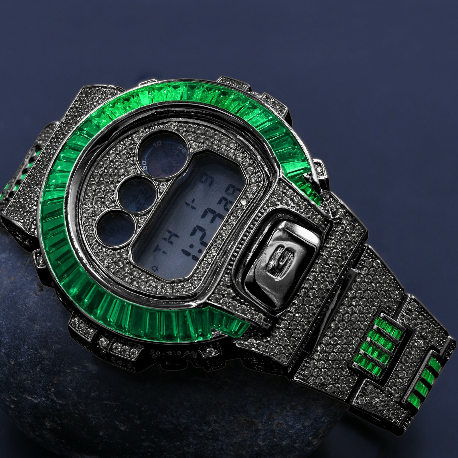 Icy Authentic Green Emerald Baguettes On Black Gold Casio G-Shock
