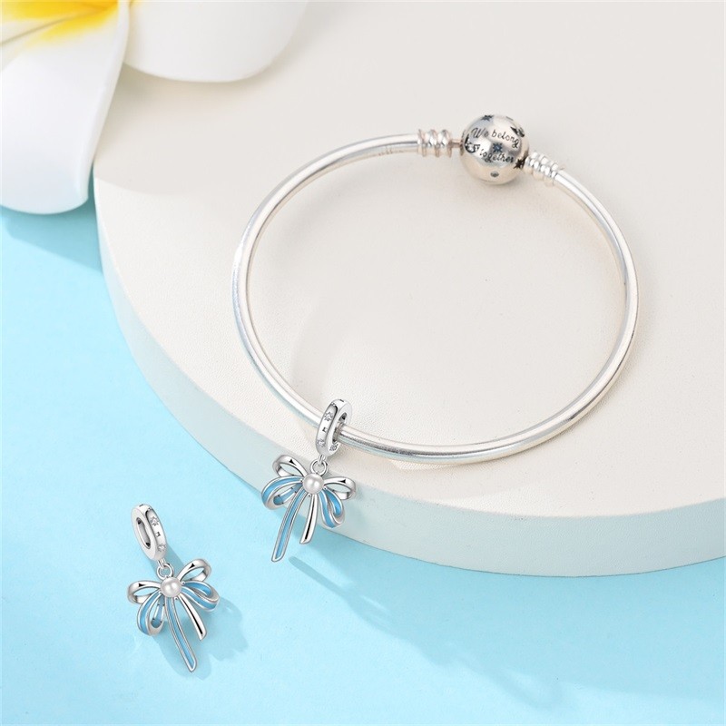 KUNSIR 925 Sterling Silver Charm Blue Bow Dangle Pendant For Bracelets Charm DIY