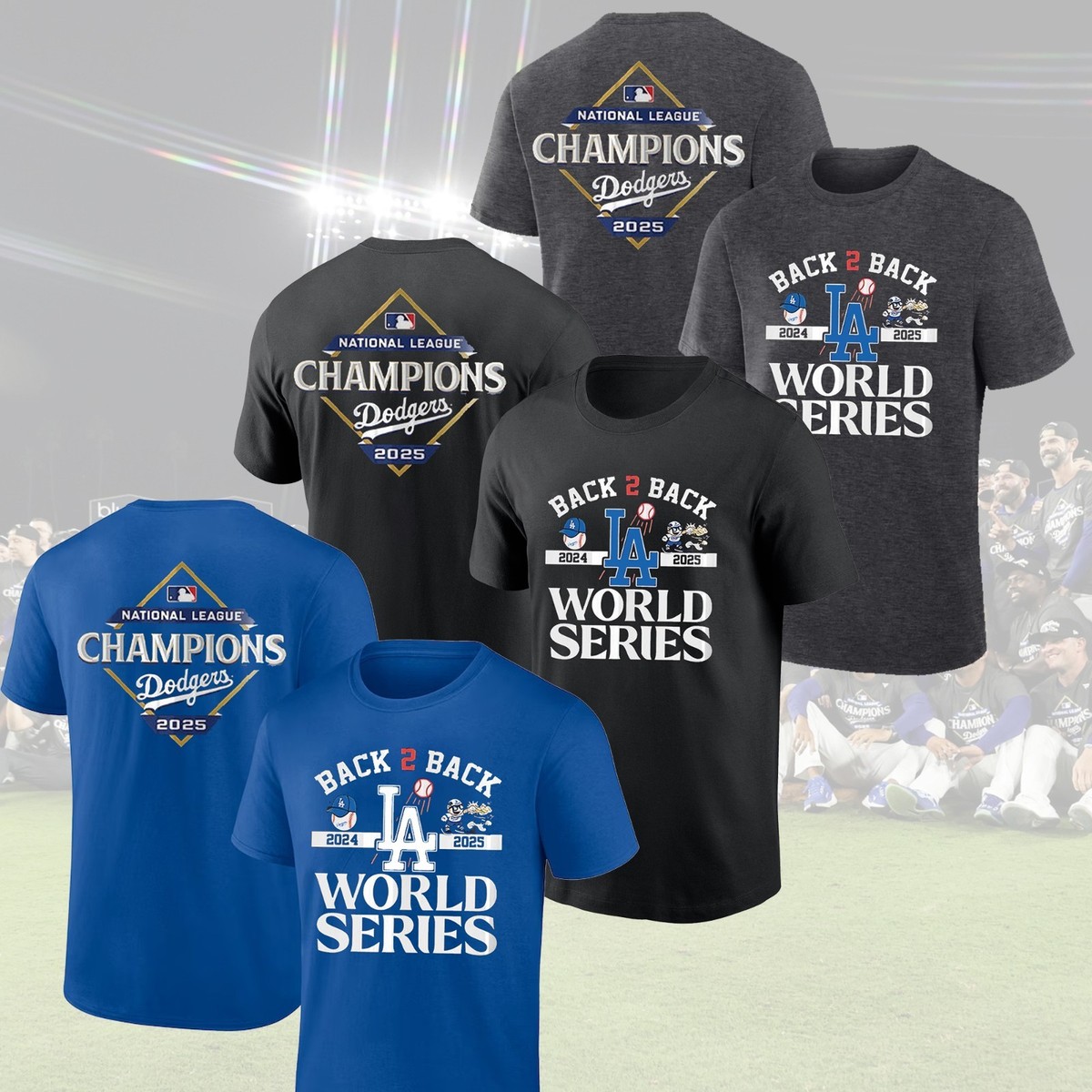 ２枚Dodgers 2024、2025ワールドシリーズチャンピオンTシャツ Back 2 Back 2025 Los Angeles Dodgers National League Champions