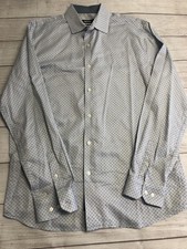 DKNY Dress Shirt Mens M White Blue Geometric Regular Fit Stretch LS Business
