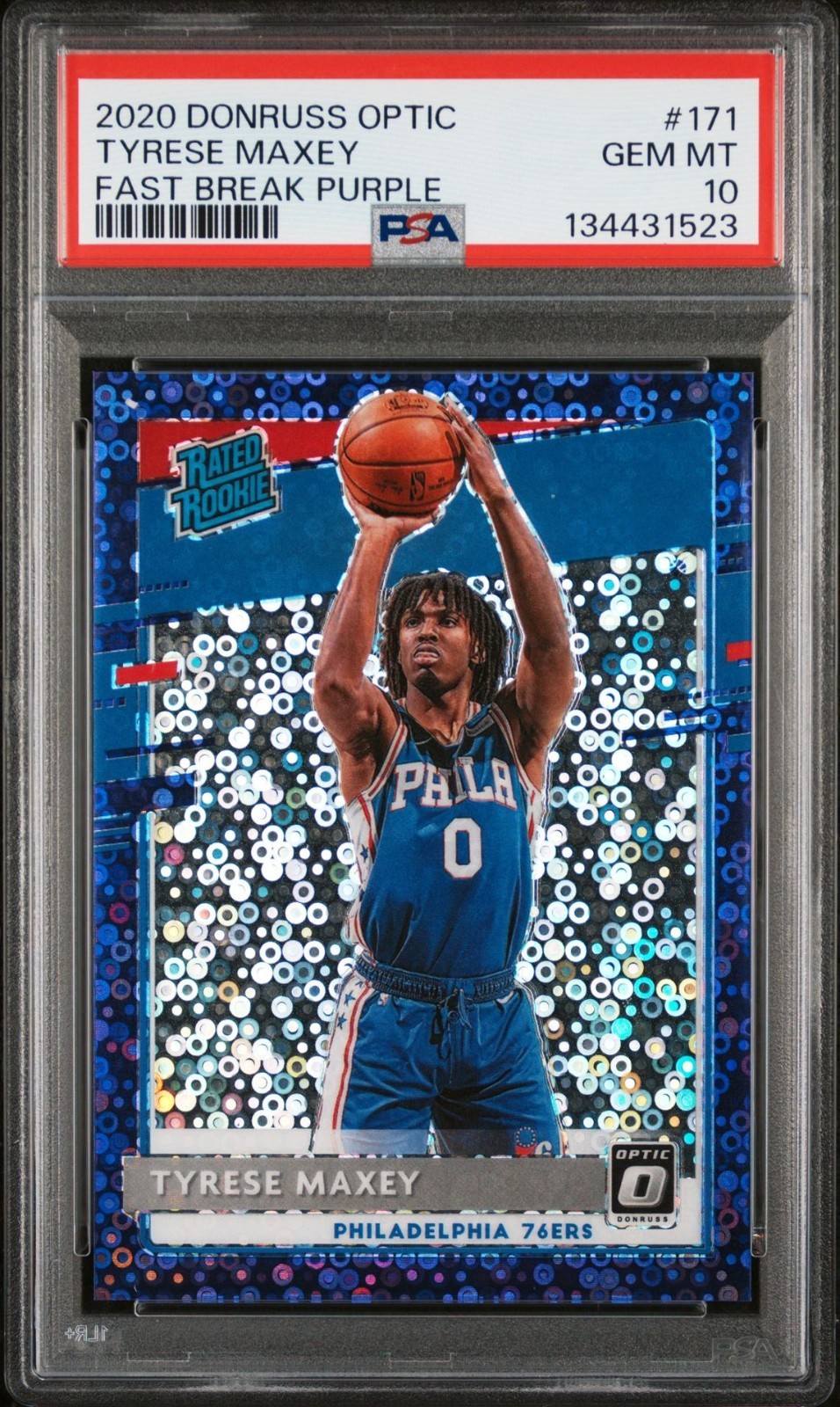 2020 Donruss Optic Tyrese Maxey #171 Fast Break Purple 84/95 PSA 10