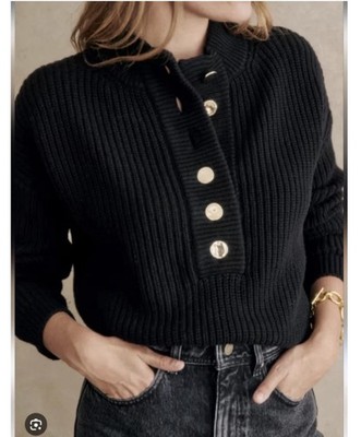 La Maille Sezane Paris Lucas Jumper Solid black Gold Button Sweater Sz M *Read