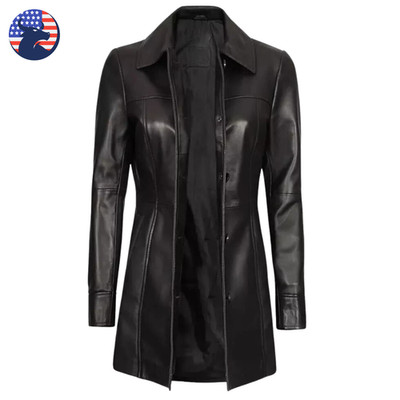 Women's Real Black Soft Cowhide Leather Coat Five Button Trench Blazer Jacket