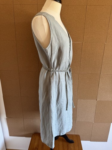 Linen Dress Size 10 Duck Egg Blue V Neck Nile Switzerland Designer Belt Crochet - Picture 2 of 18