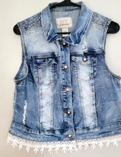 Buckle BKE denim vest jacket embelished outerwear lace hem women's  size L blue